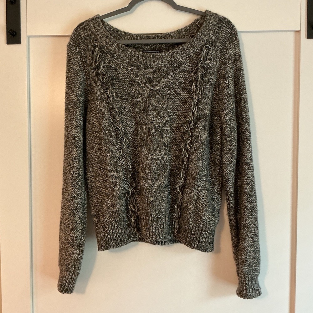 Abercrombie & Fitch Marl Gray Knit Fringe Front Sweater Fisherman Cable Medium